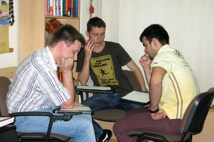 Debating (the Karl Popper debate format) at Terra Nova. From left to right: Nicolae Panfil, Ivan Novicov, Artiom Iacunin. TOEFL Preparation / Section 2 (M.W.F. Evening Group). May 2012.
